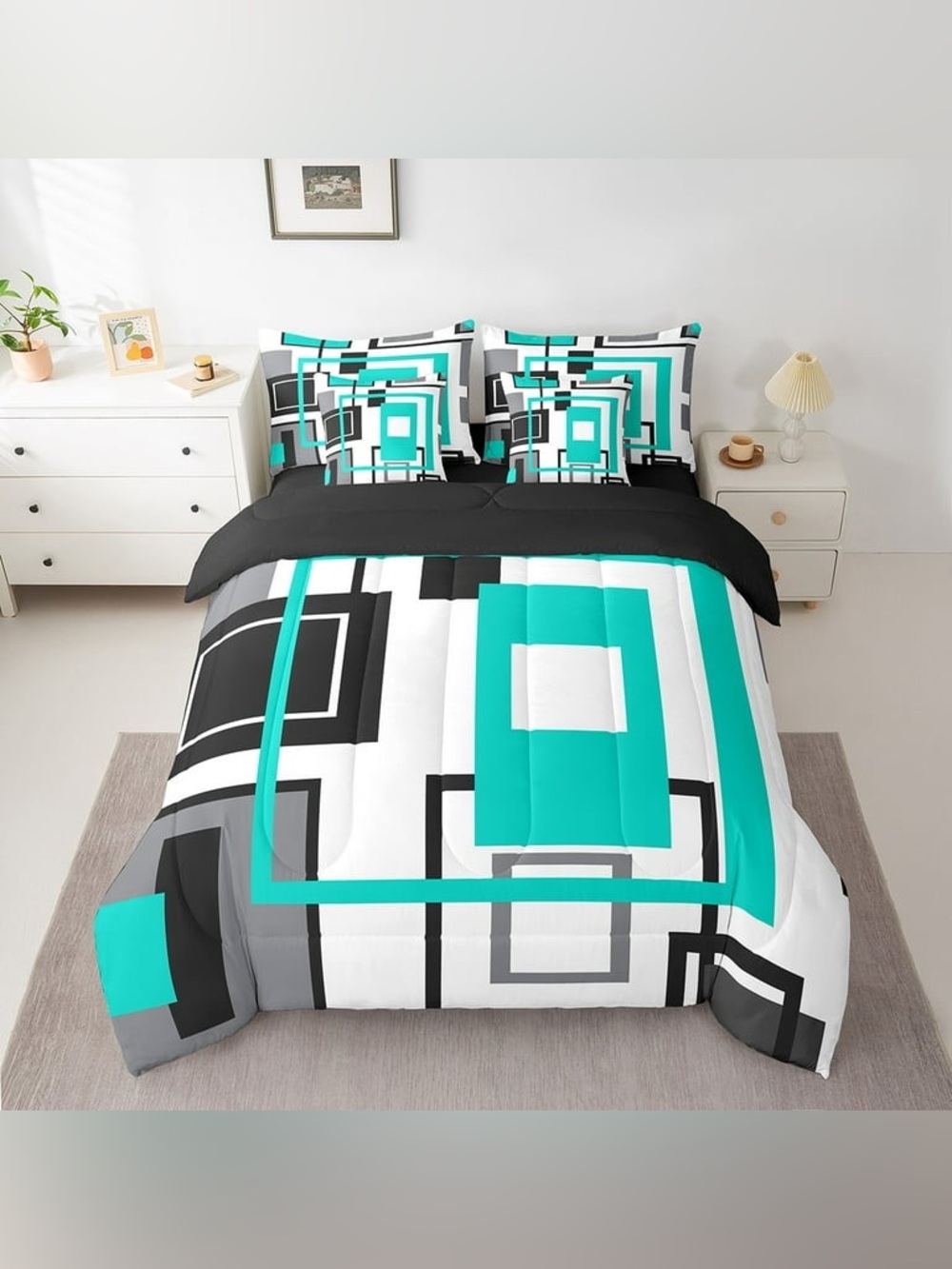 Erosebridal Turquoise Geometric 7 Piece King White Teal Grey Bedding Sets